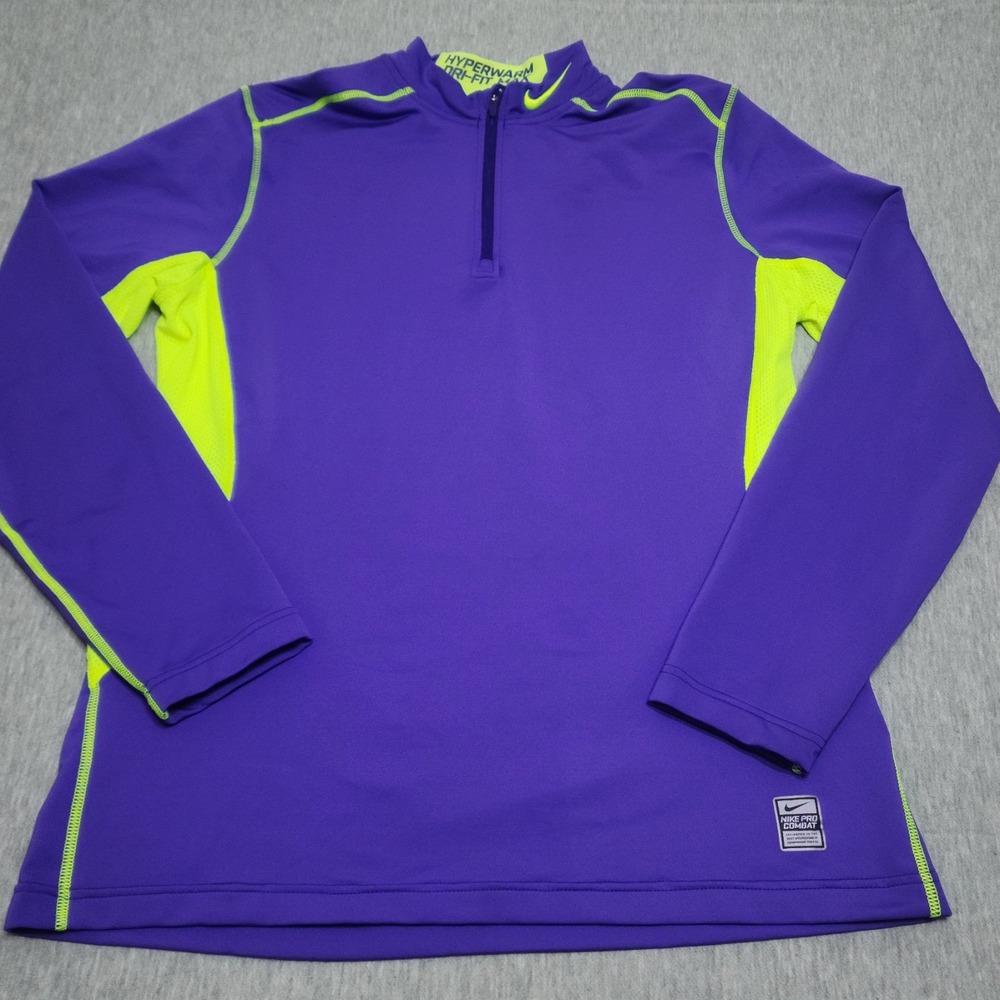 Nike Pro Combat Mens L Large Purple Volt Hyperwarm Dri Fit Mock Neck 1 4 Zip Top